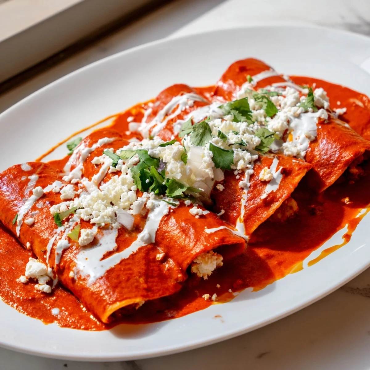 Warm entomatadas on a plate garnished with diced onion sour cream and vibrant tomato salsa