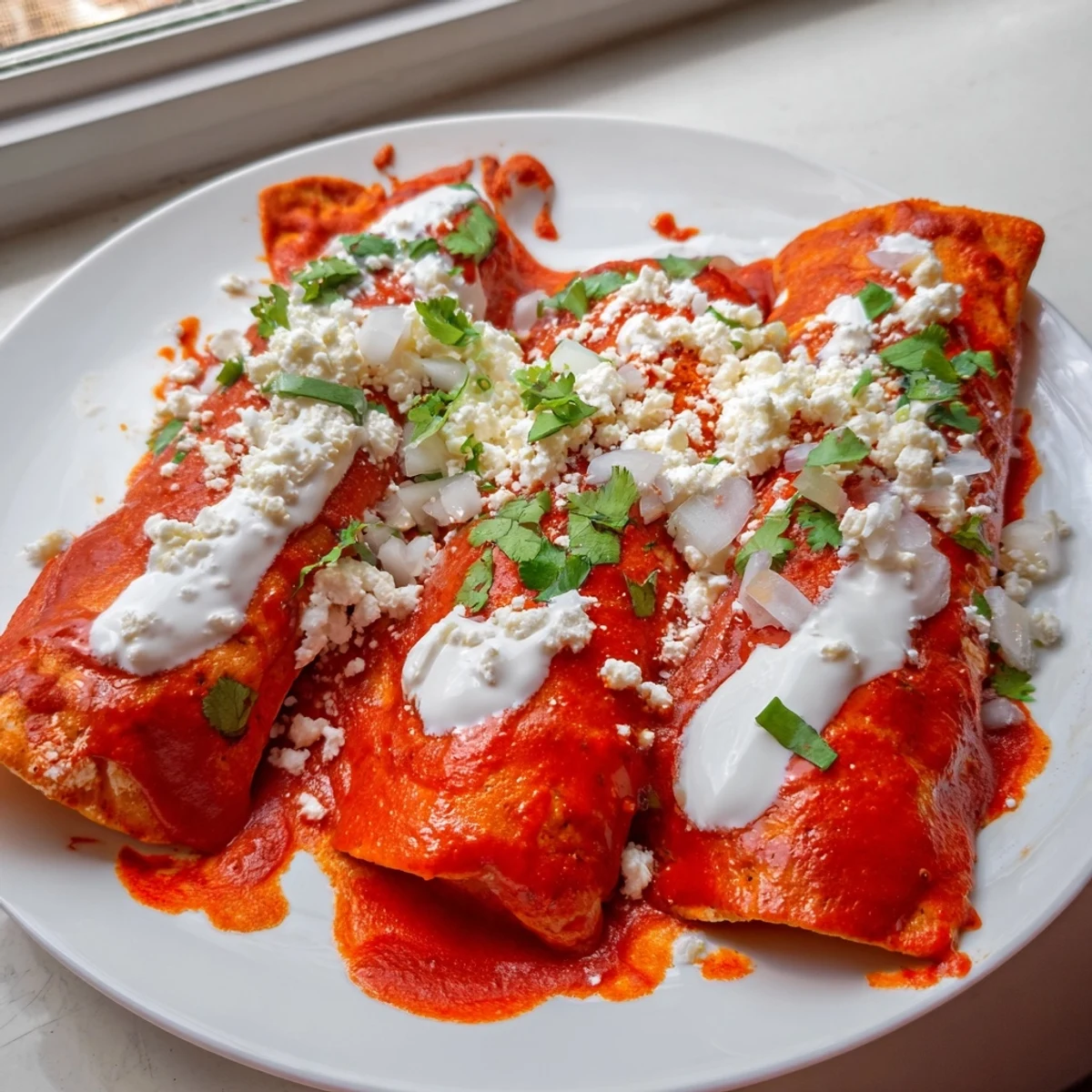 Golden corn tortillas folded into entomatadas swimming in smoky tomato sauce with creamy drizzle