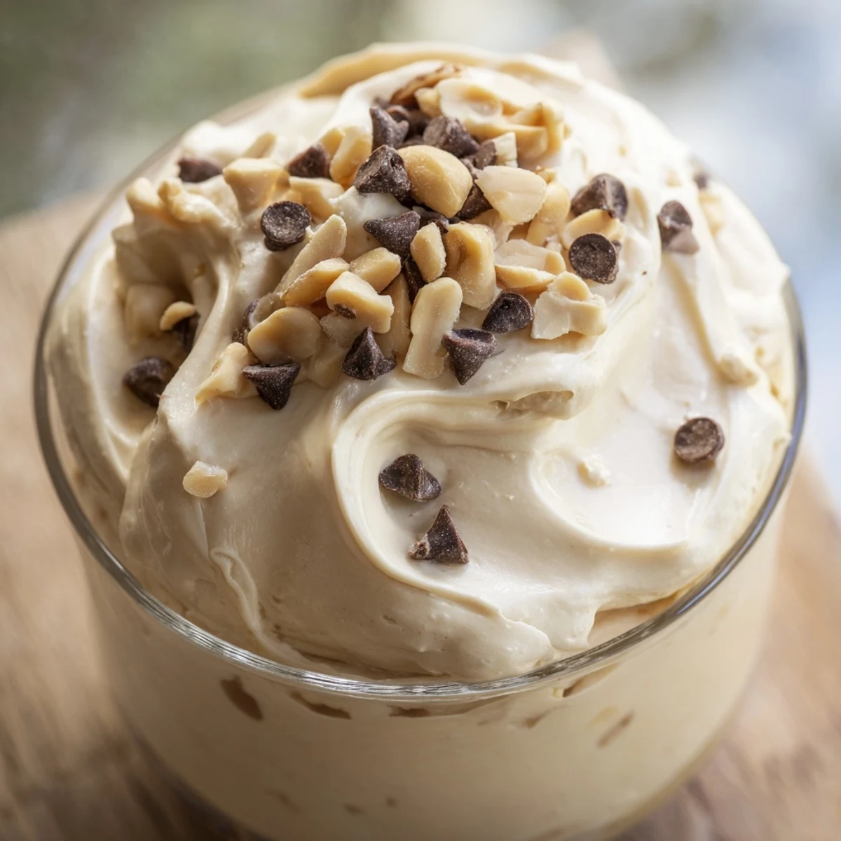 Creamy Peanut Butter and Cool Whip Mousse topped with chocolate shavings in clear serving glasses