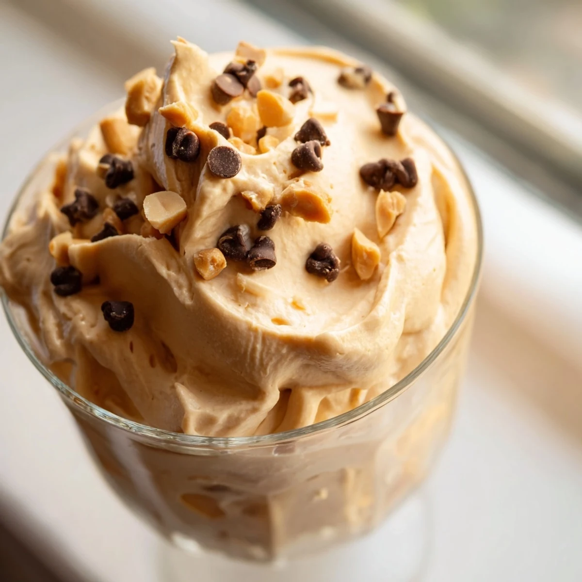 Fluffy Peanut Butter and Cool Whip Mousse swirled in a bowl with chopped peanut garnish