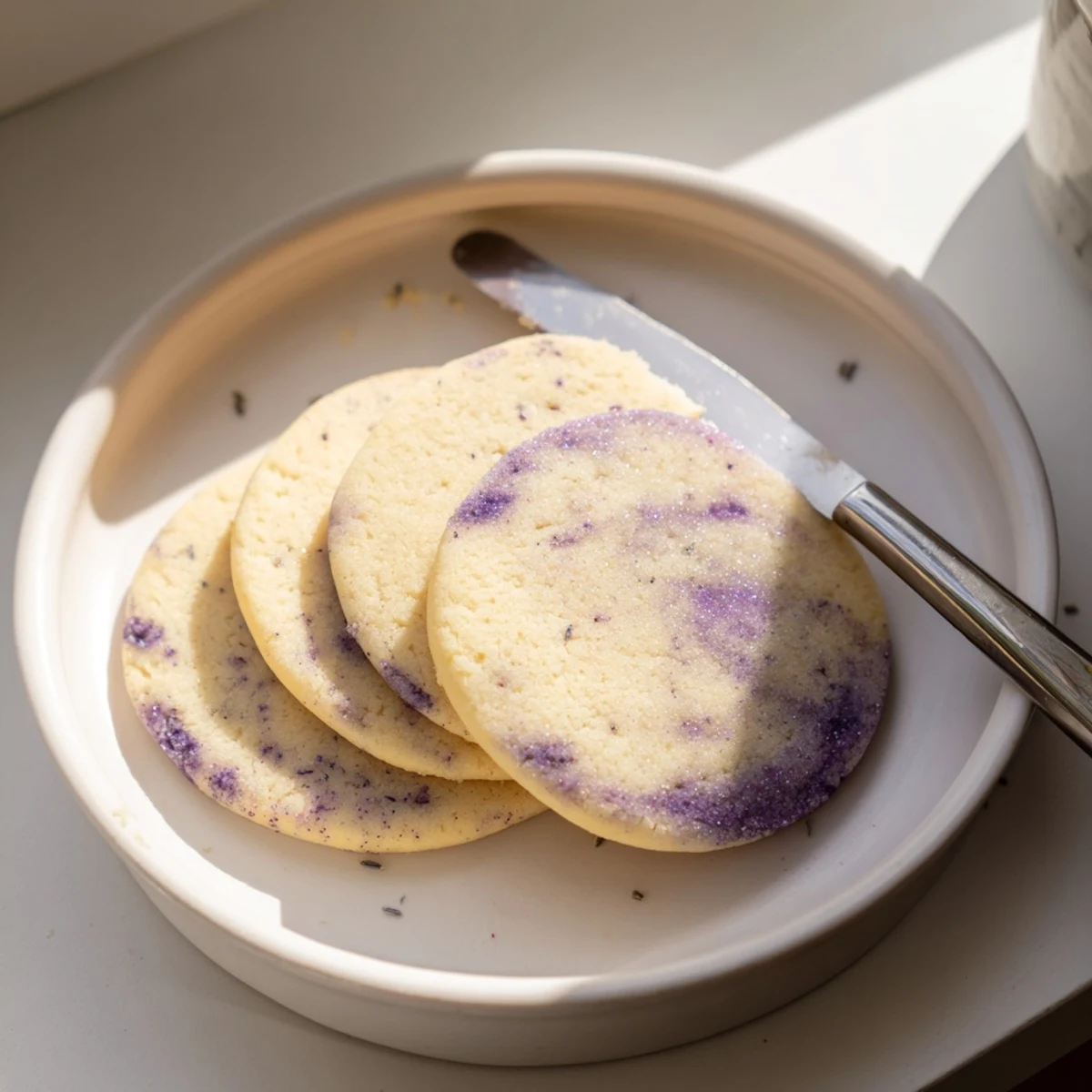 Pale purple lilac sugar cookies arranged on a floral spring dessert plate.