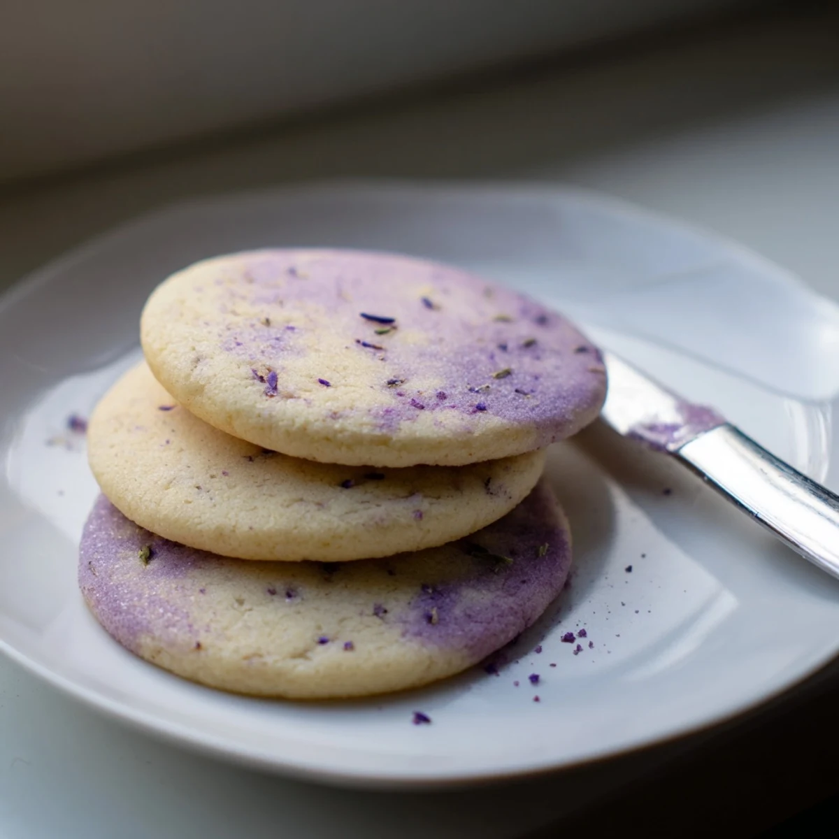 Soft lilac sugar cookies with golden edges cooling on a rustic wire rack.