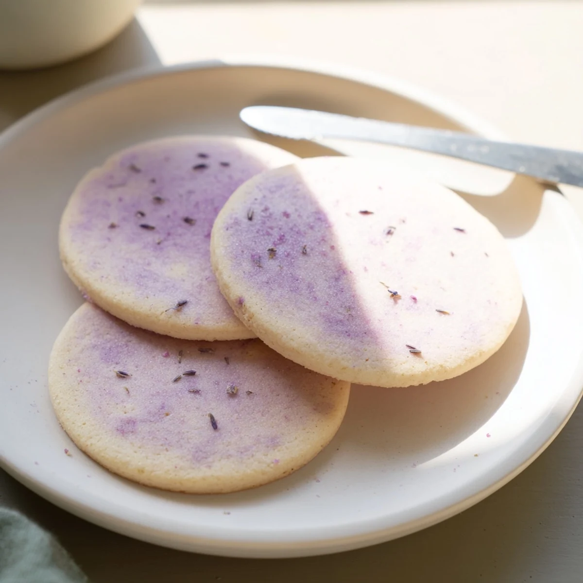 Buttery lilac sugar cookies dusted with floral sugar beside a steaming teacup.