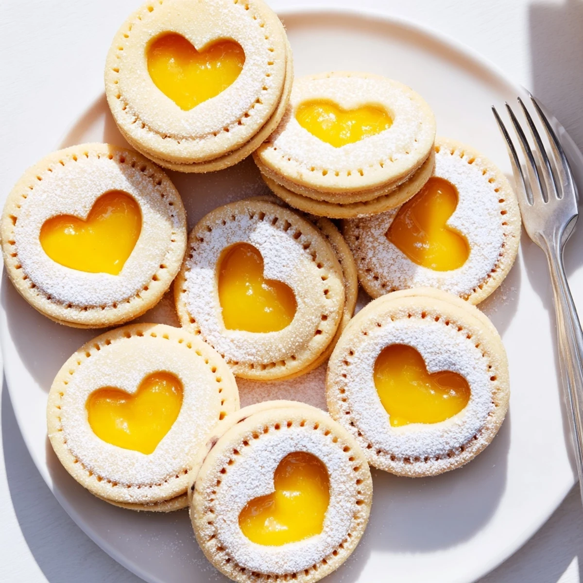 Delicate Meyer Lemon Curd Linzer Cookies with powdered sugar dusting and peekaboo cutout centers