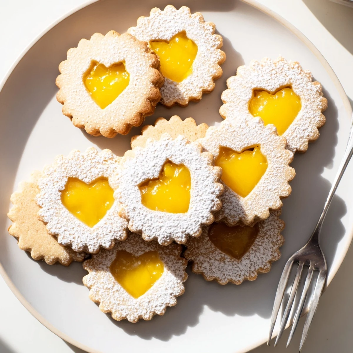 Buttery almond Linzer cookies sandwiching vibrant Meyer lemon curd visible through heart-shaped windows