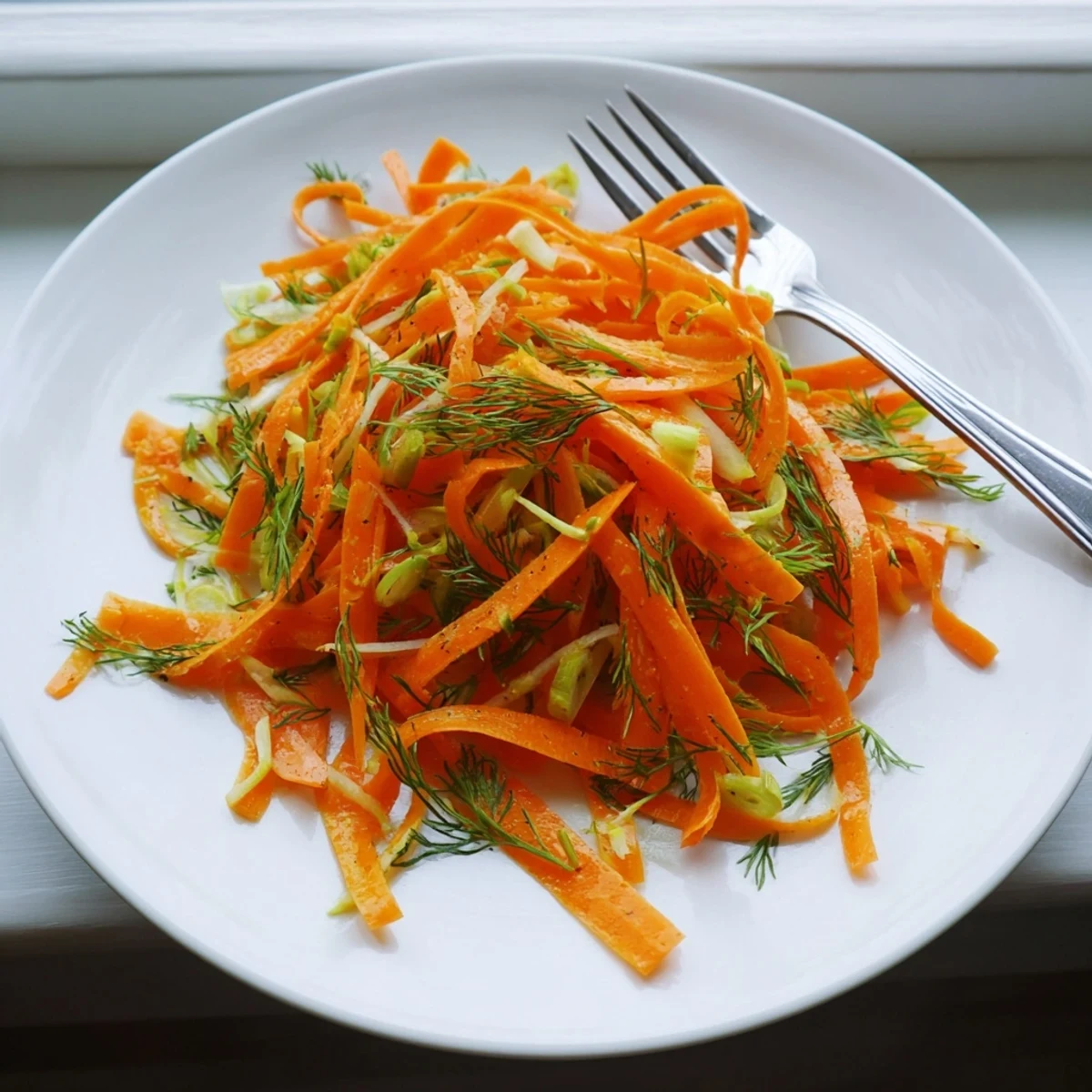 Crisp orange carrot ribbons glistening with zesty Marinated Lemon Dill Carrot Salad dressing