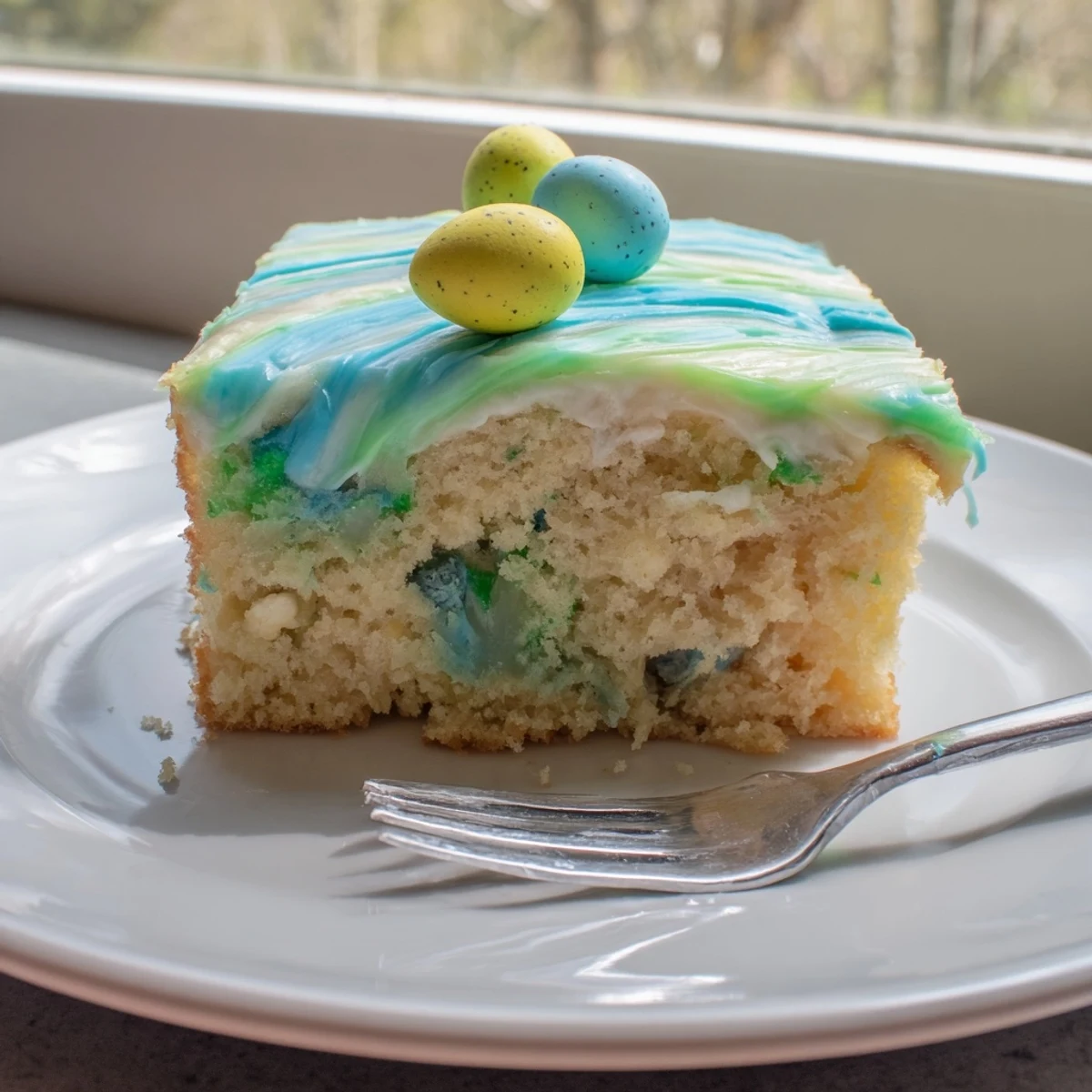 Robin Egg Snack Cake with pastel glaze and candy-coated chocolate eggs on vanilla crumb