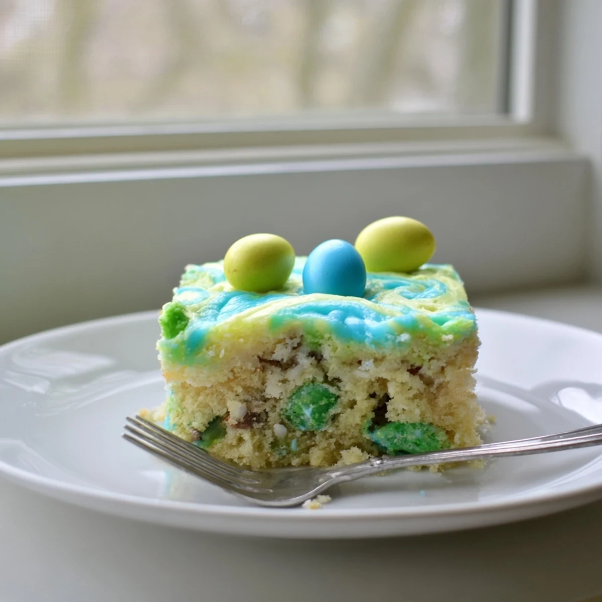 Tender Robin Egg Snack Cake slice showing speckled candy pieces beneath swirled icing
