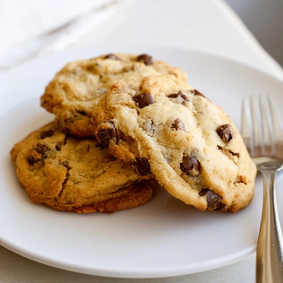 Golden brown nut free chocolate chip cookies with melty chocolate chips stacked on a cooling rack