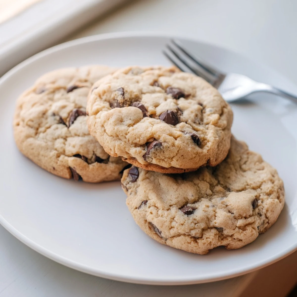 Soft and chewy nut free chocolate chip cookies fresh from the oven with slightly crisp edges