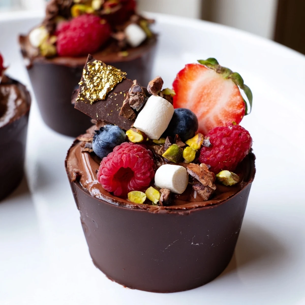 Elegant chocolate grazing cups with glossy mousse, vibrant berries, and crunchy nut garnishes