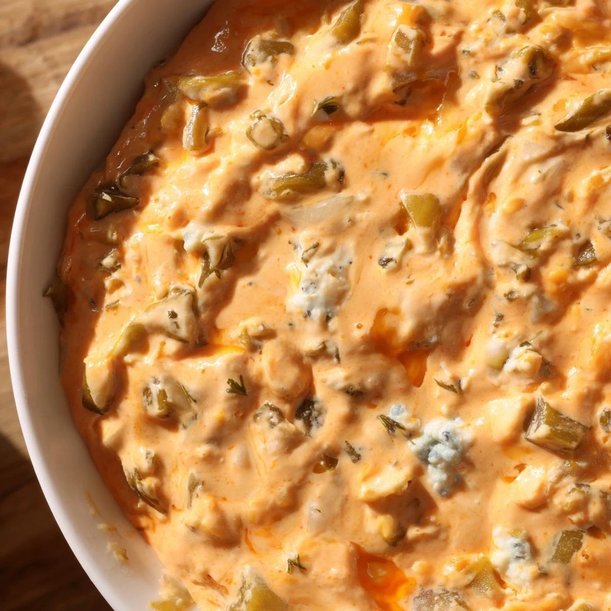 Tangy buffalo pickle dip topped with cheddar cheese and fresh chives ready for party snacking