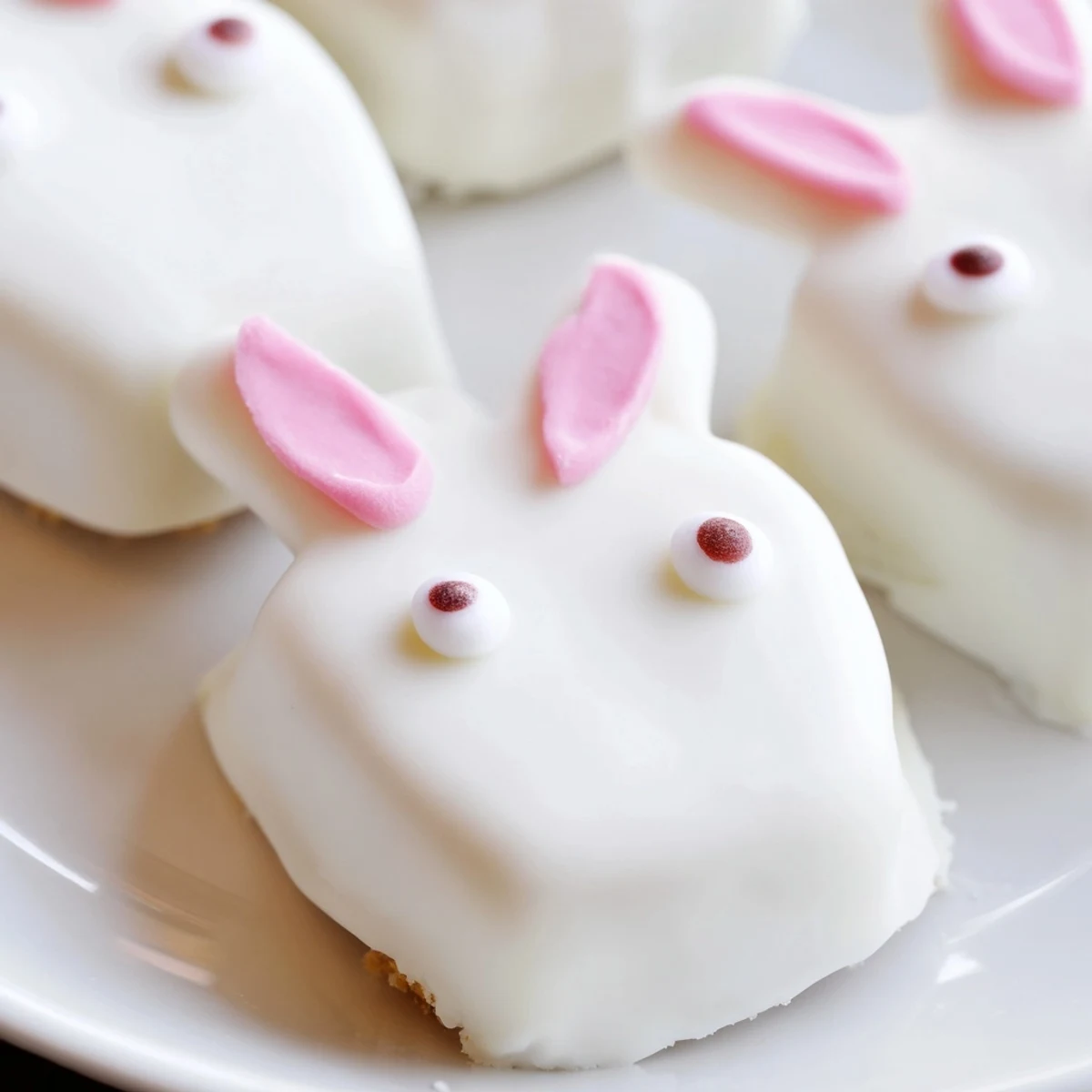 Adorable white chocolate bunny cakesicles with candy eyes on a festive Easter dessert tray.