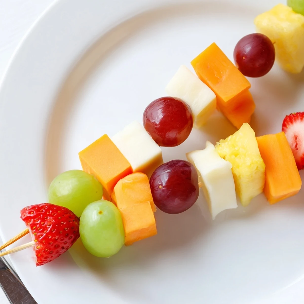 Colorful fruit and cheese kabobs arranged on a platter with grapes strawberries pineapple and cheddar cubes