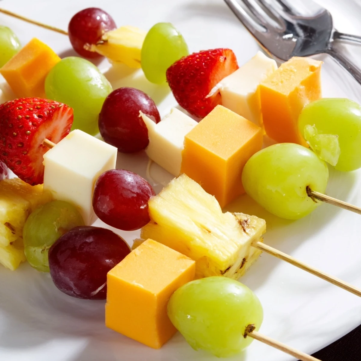 Fresh fruit and cheese kabobs featuring alternating cubes of cheddar mozzarella grapes and ripe pineapple chunks