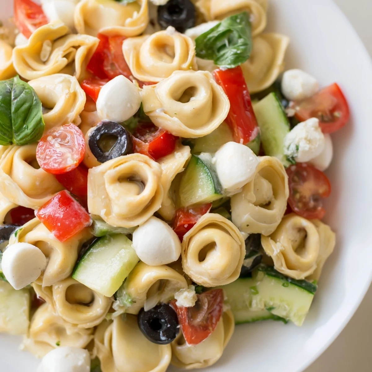 Cheese tortellini salad featuring crisp vegetables and fresh basil in a tangy vinaigrette