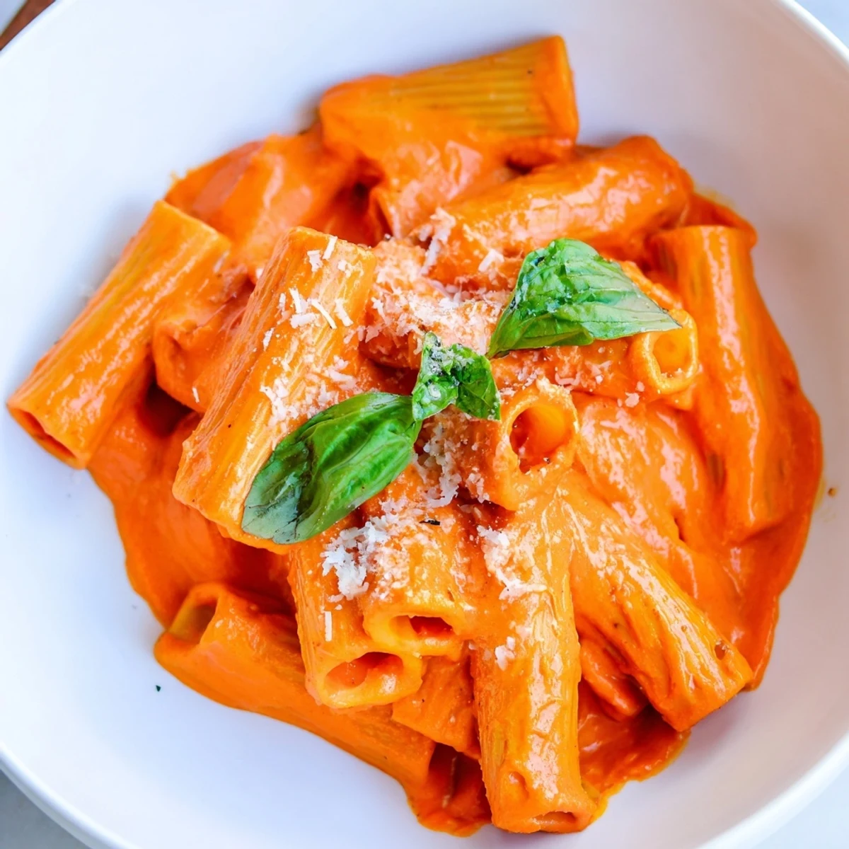 Creamy roasted red pepper pantry pasta in a white bowl with fresh basil garnish
