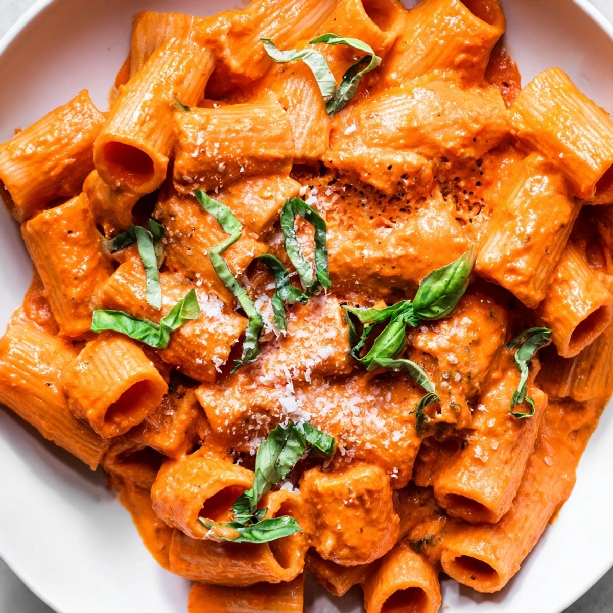 Vibrant orange roasted red pepper pantry pasta topped with grated Parmesan and herbs
