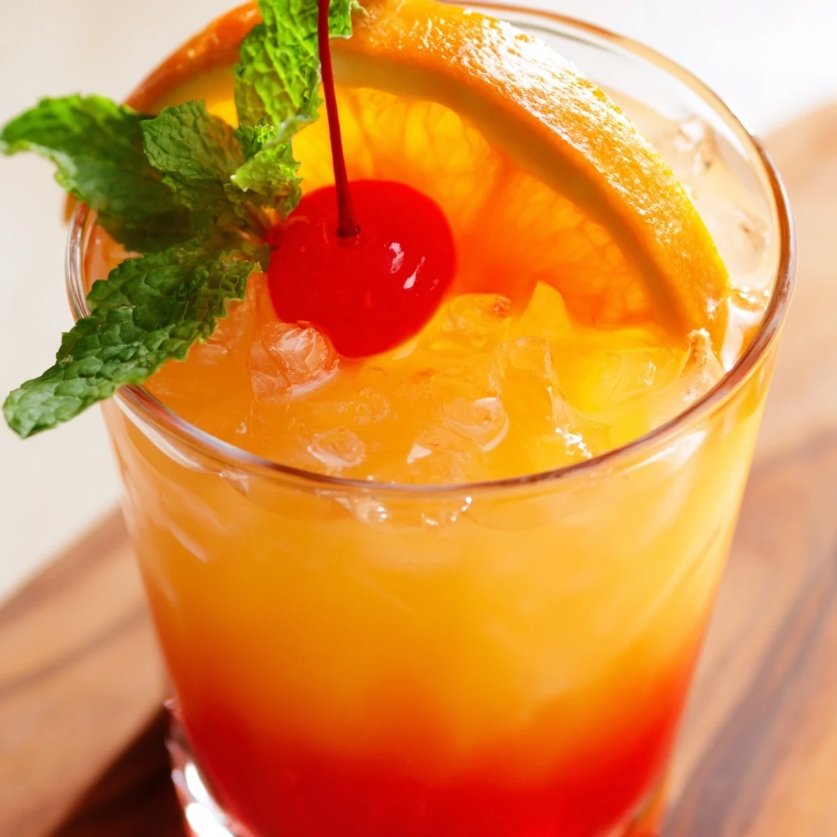 Non alcoholic Mai Tai with grenadine layers and fresh fruit garnishes on a sunny patio