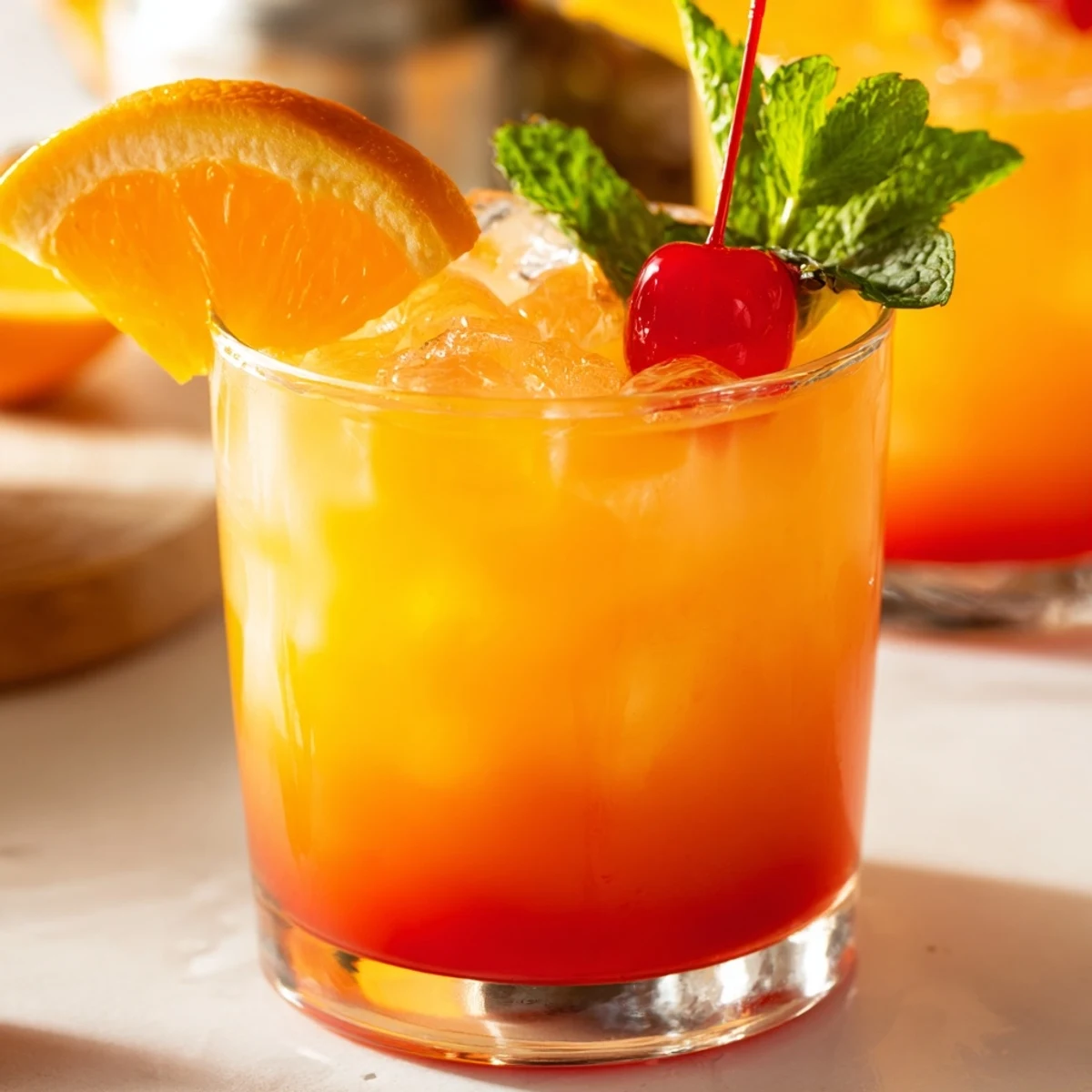 Tropical non alcoholic Mai Tai mocktail served over crushed ice with cherry and orange