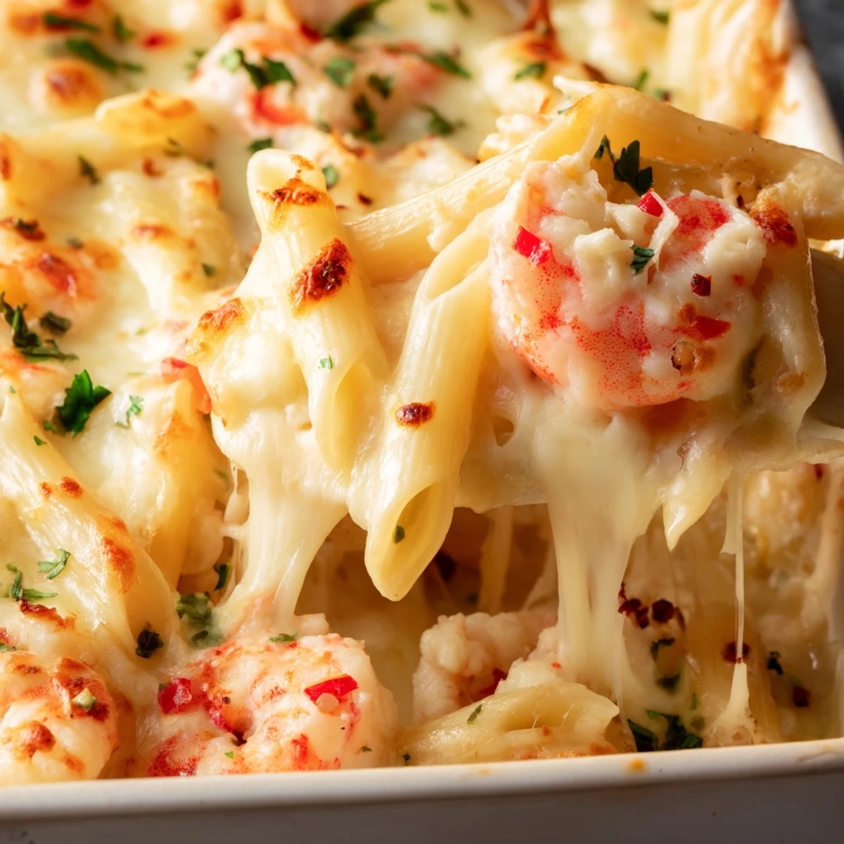 Golden bubbly Shrimp Scampi Pasta Bake with melted mozzarella and succulent pink shrimp
