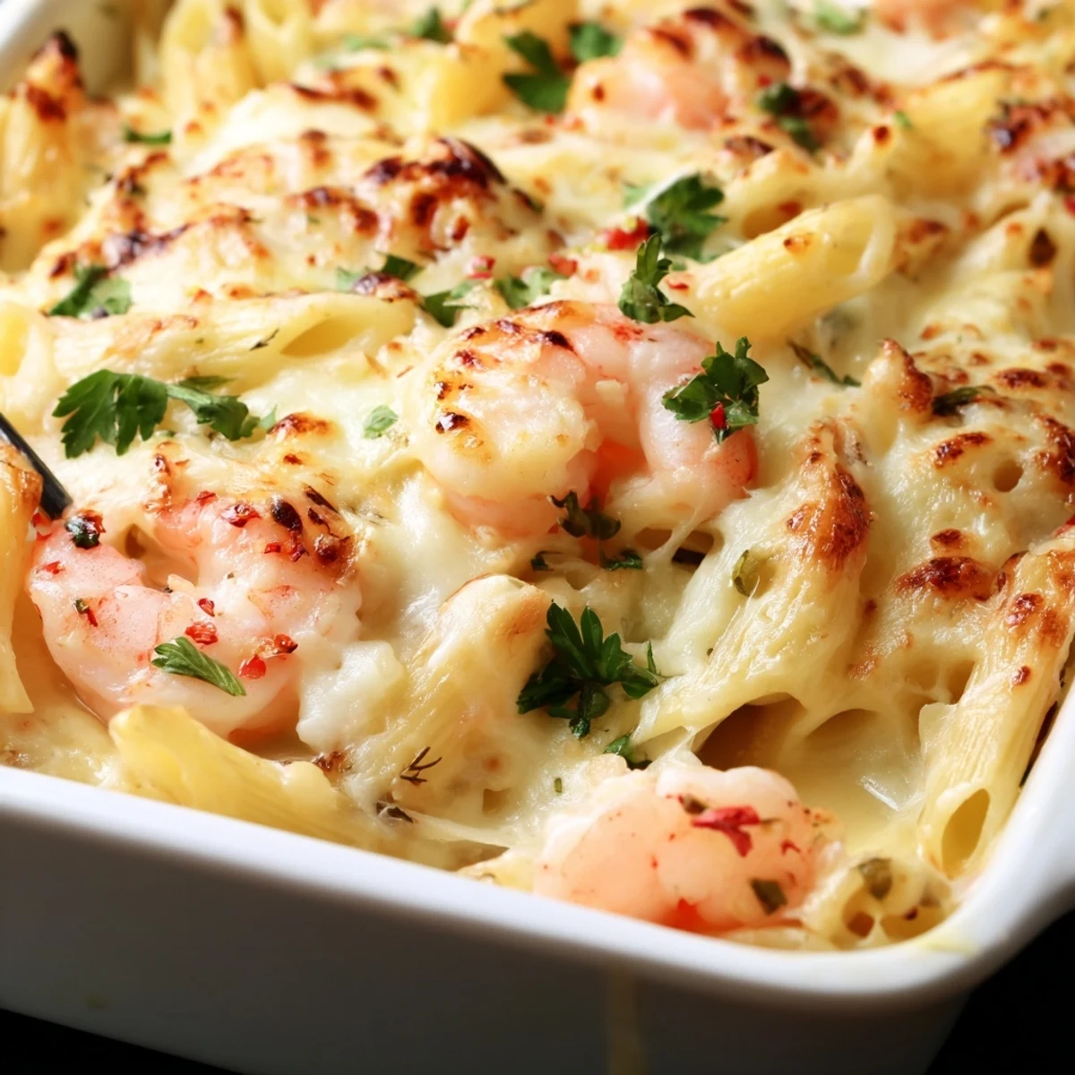 Creamy Shrimp Scampi Pasta Bake in a white ceramic dish with parmesan crust