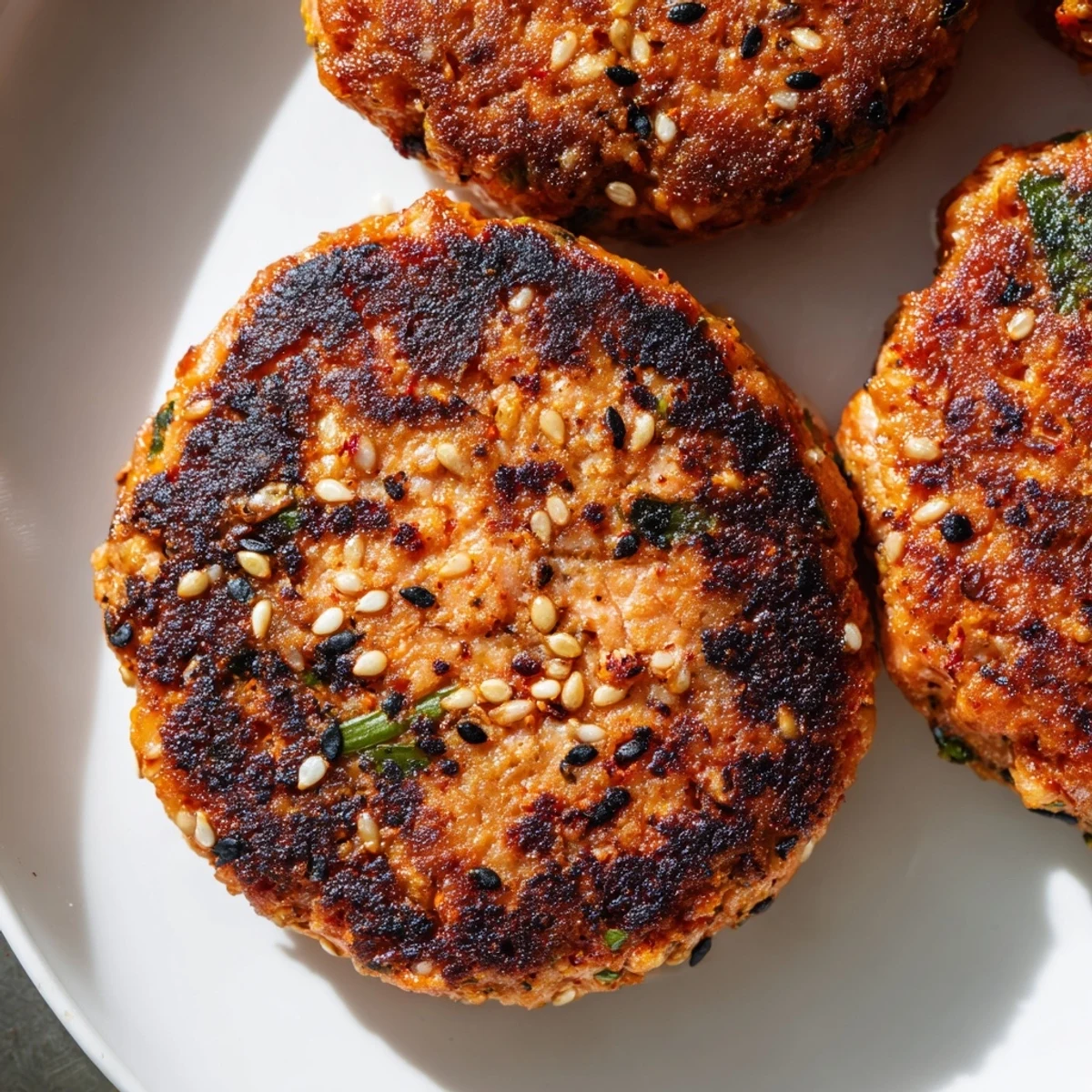 Golden crispy harissa sesame salmon patties sizzling in a skillet with toasted sesame seed garnish