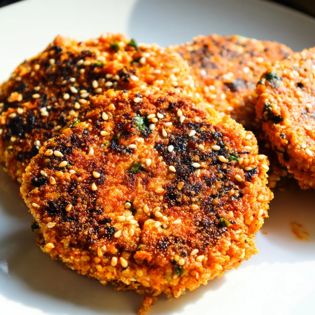 Spicy harissa sesame salmon patties served on a white plate with fresh cilantro and lemon
