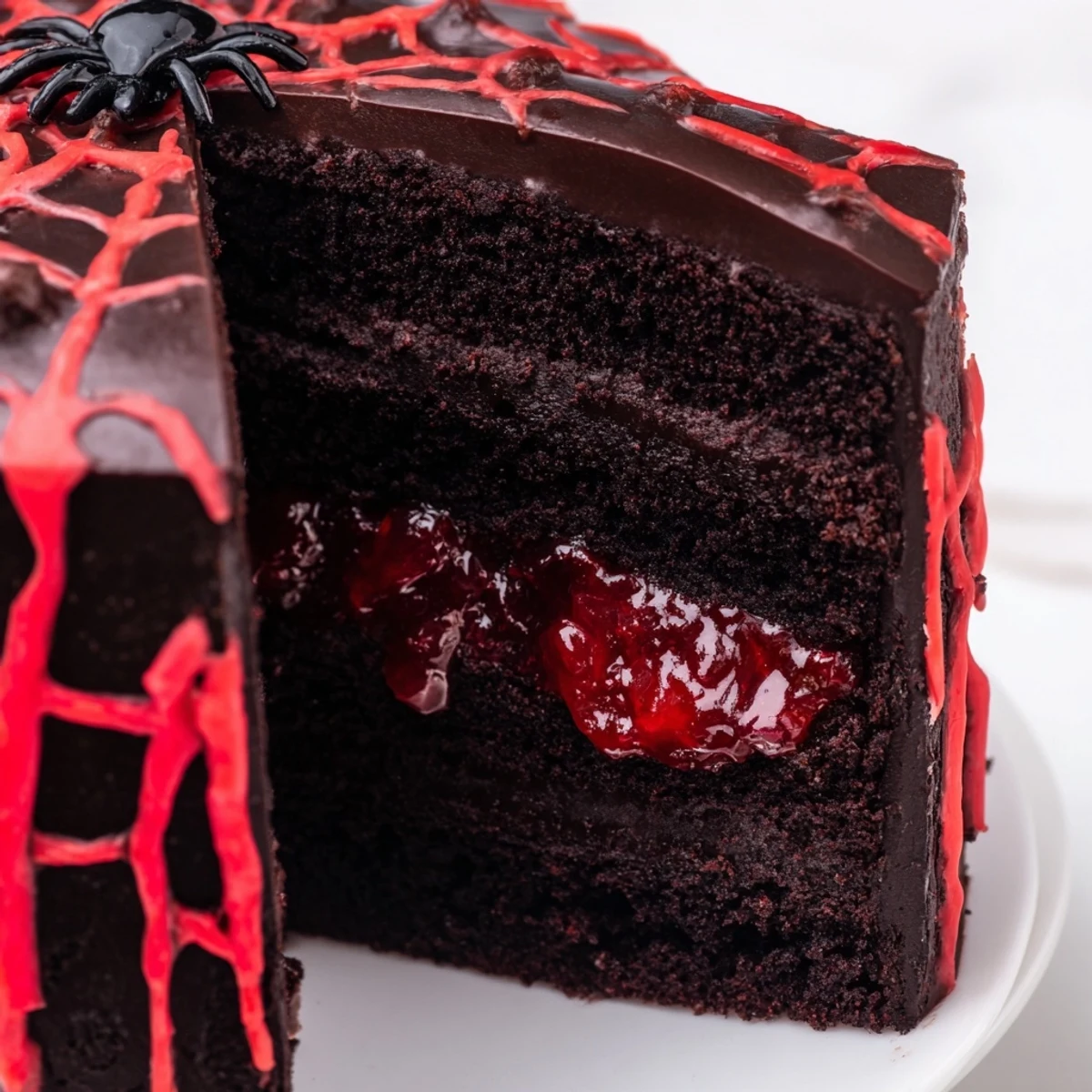 Dark Black Widow Cake dripping with glossy ganache and eerie red vein details on a haunted dessert plate