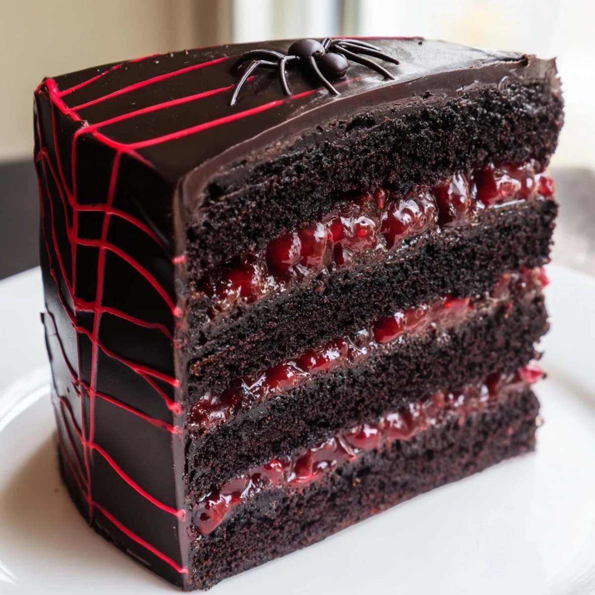 Tall Black Widow Cake covered in midnight-black cocoa ganache topped with spooky fondant spiders and edible glitter