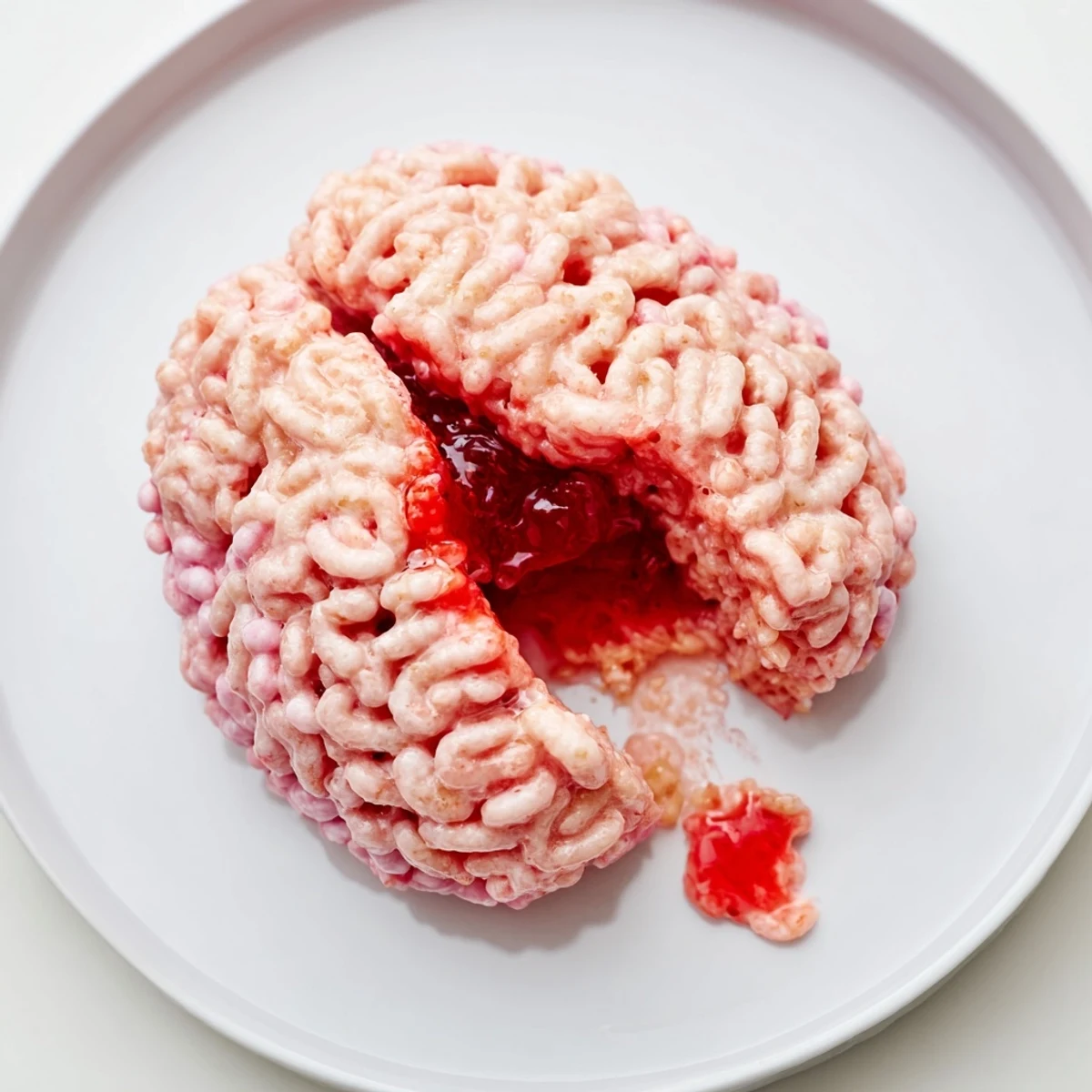 Spooky stuffed crispy rice cereal brain oozing with sweet red berry filling on a party plate