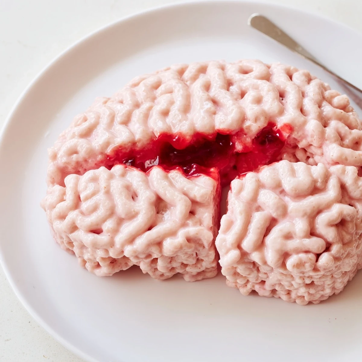 Pink spooky stuffed crispy rice cereal brain sliced open revealing gooey raspberry jam center