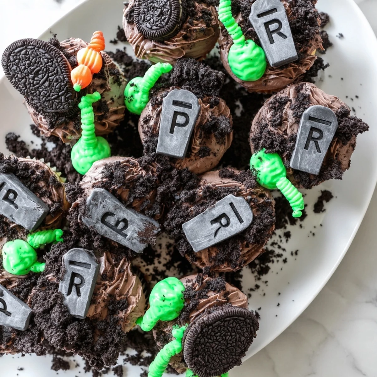 Pull Apart Graveyard Cupcakes arranged as a spooky centerpiece with icing tombstones and chocolate frosting