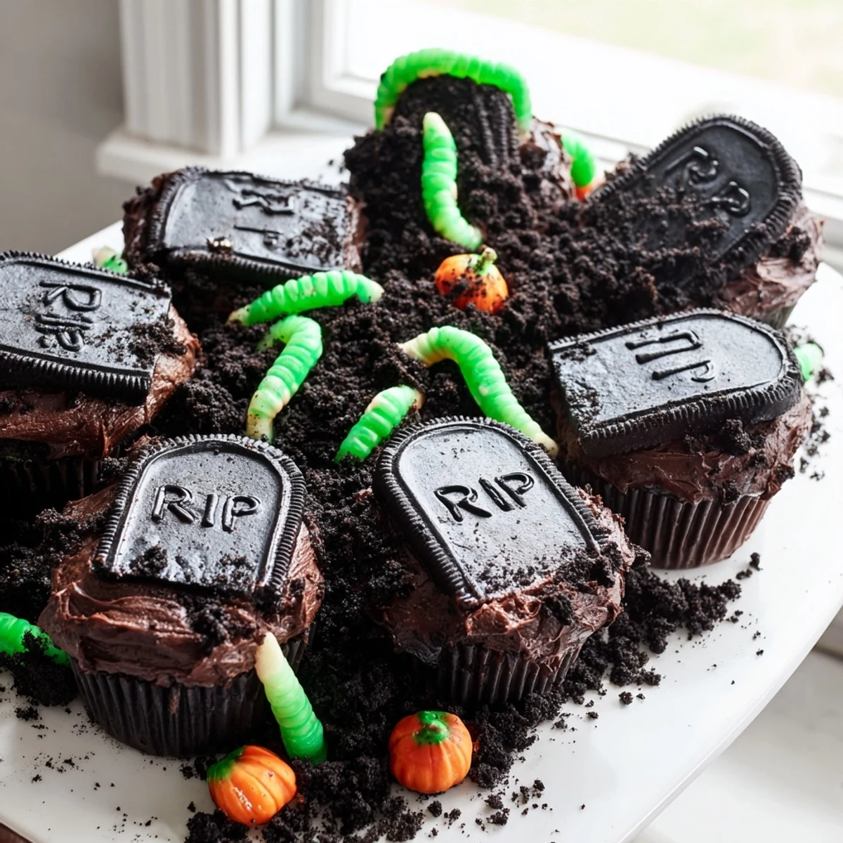 Chocolate frosted Pull Apart Graveyard Cupcakes covered in crushed cookie dirt with gummy worms