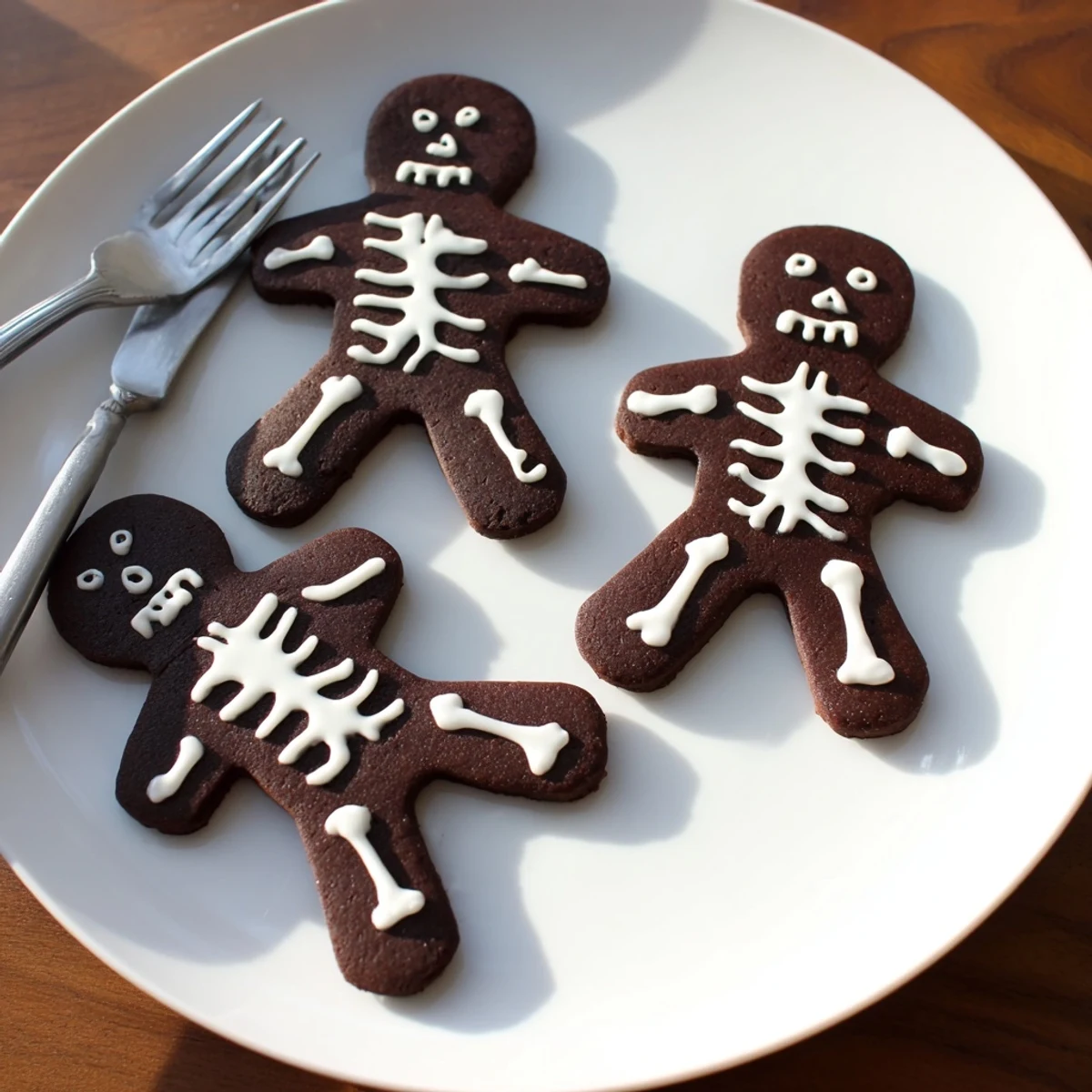 Dark chocolate cinnamon skeleton cookies with white icing bones on parchment paper
