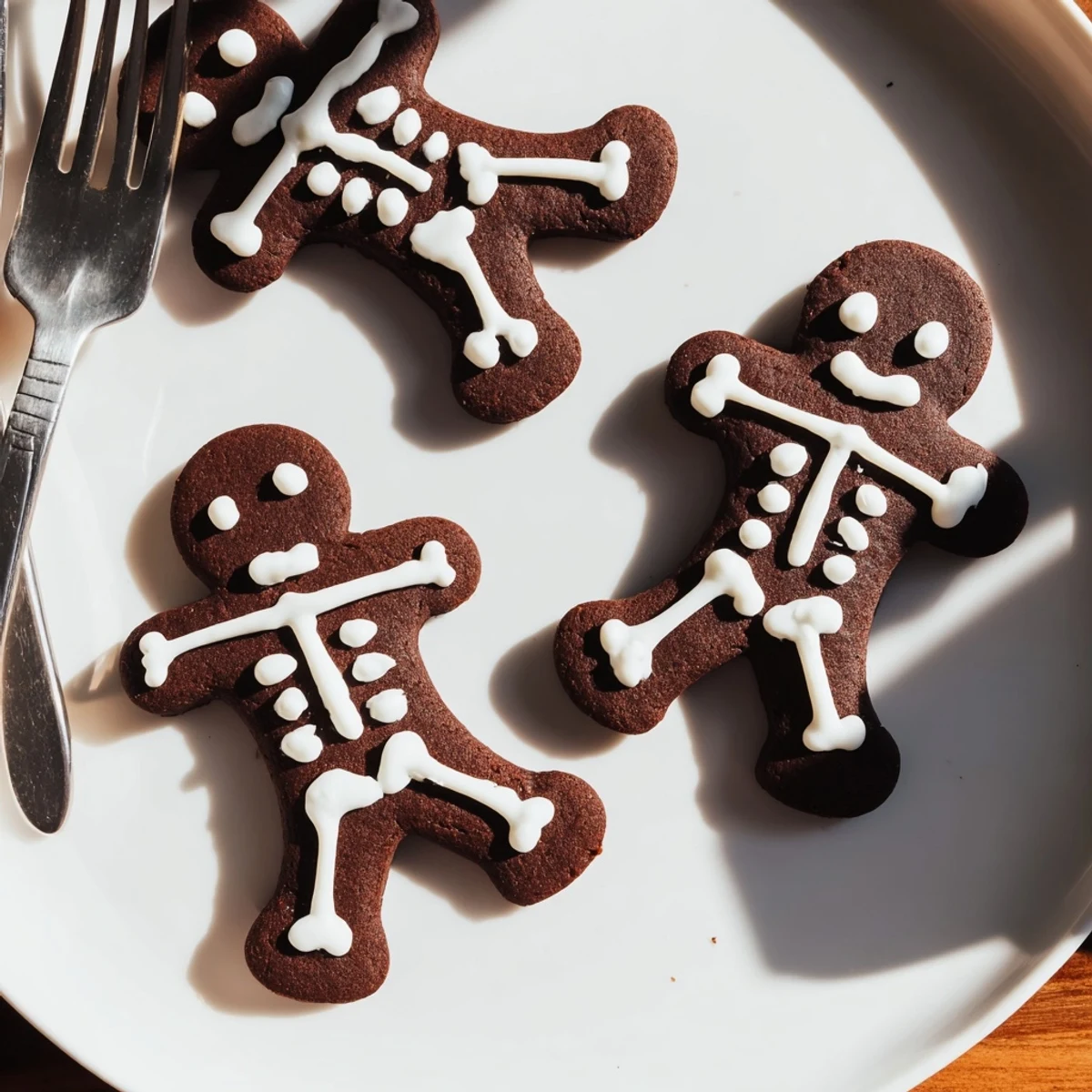 Crunchy chocolate cinnamon skeleton cookies arranged on a rustic Halloween dessert table