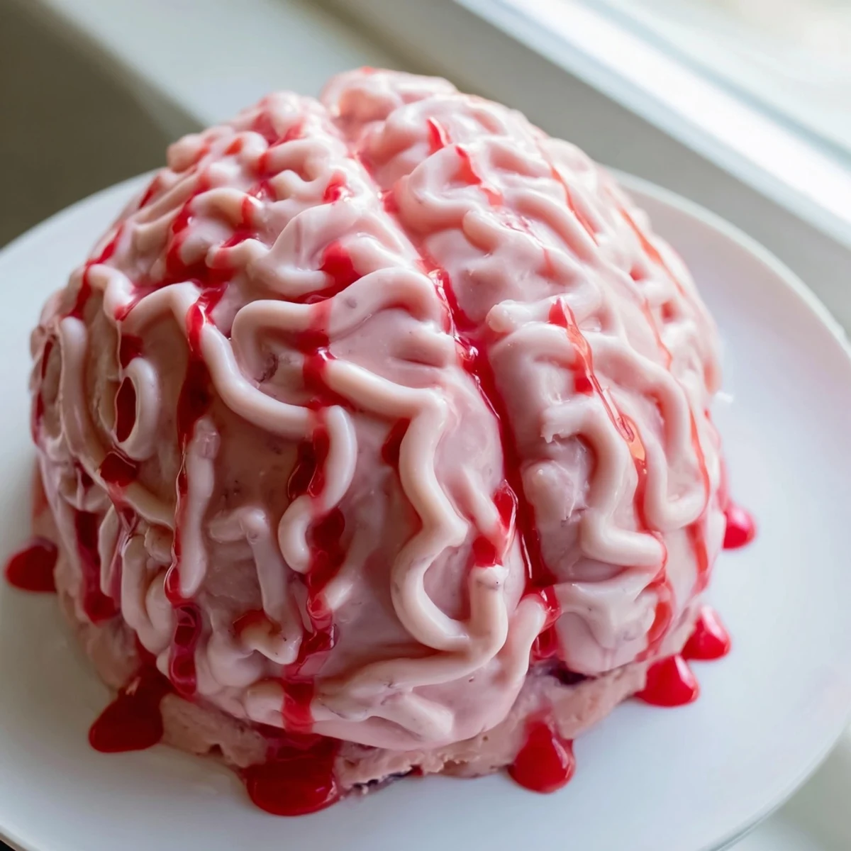 Creepy no bake strawberry cheesecake brain with pink chocolate folds and red berry drizzle