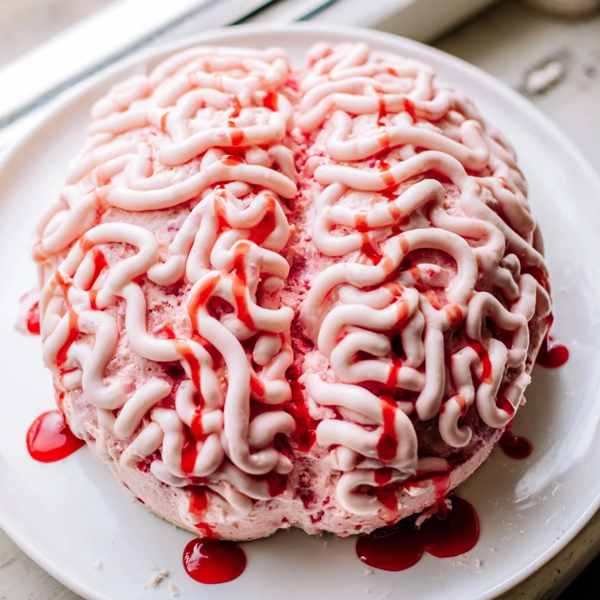 No bake strawberry cheesecake brain sliced to reveal creamy filling and cookie crust