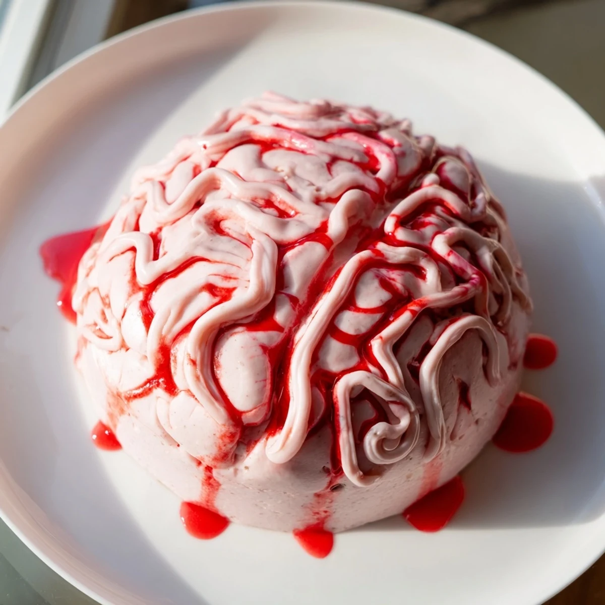 Spooky no bake strawberry cheesecake brain topped with white chocolate wrinkles on a dessert plate