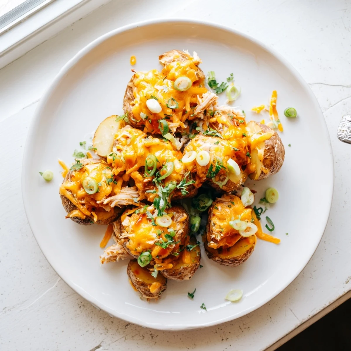 Golden roasted baby potatoes loaded with honey BBQ chicken and melted cheddar cheese