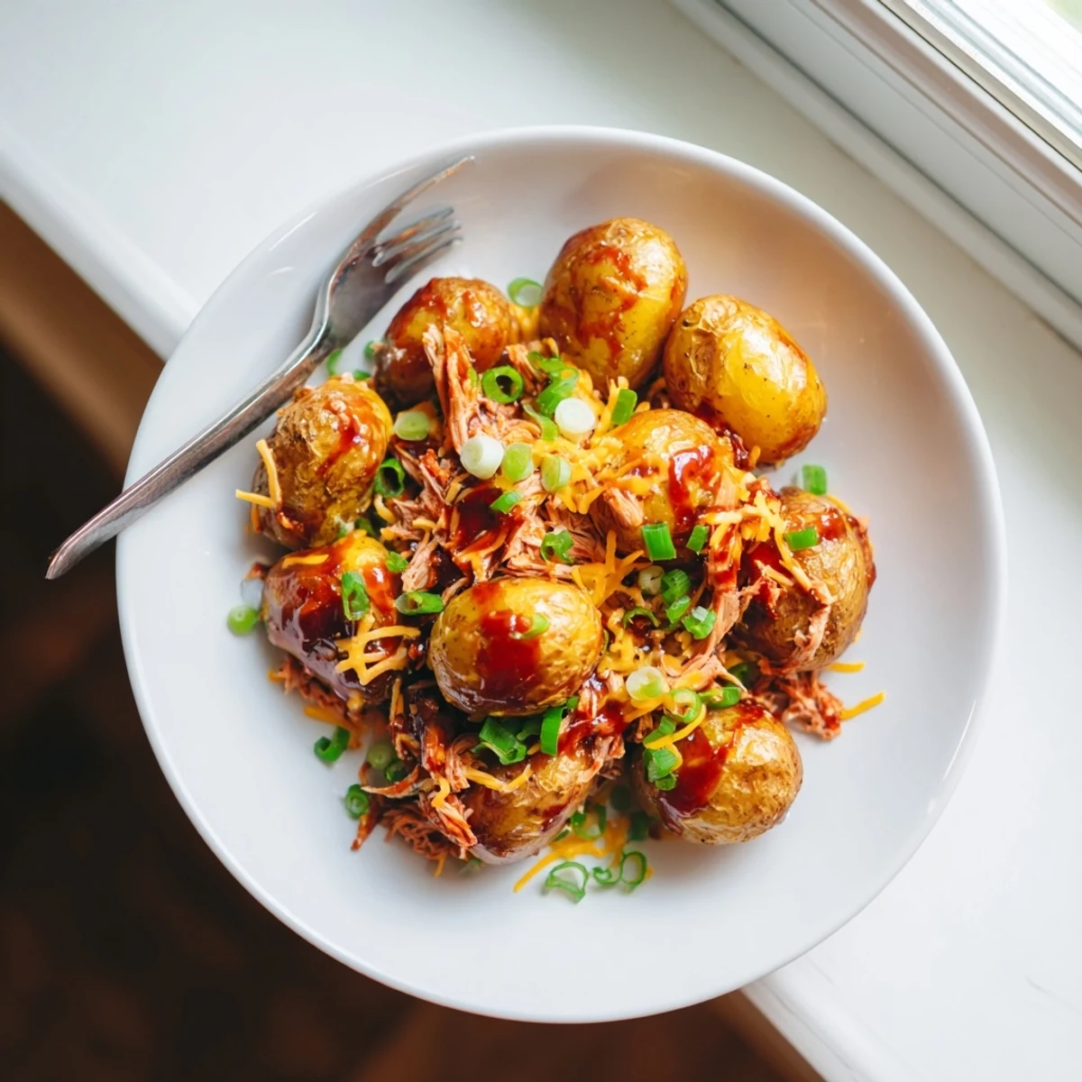 Sliced honey BBQ chicken over crispy potatoes with bubbling cheese and fresh parsley