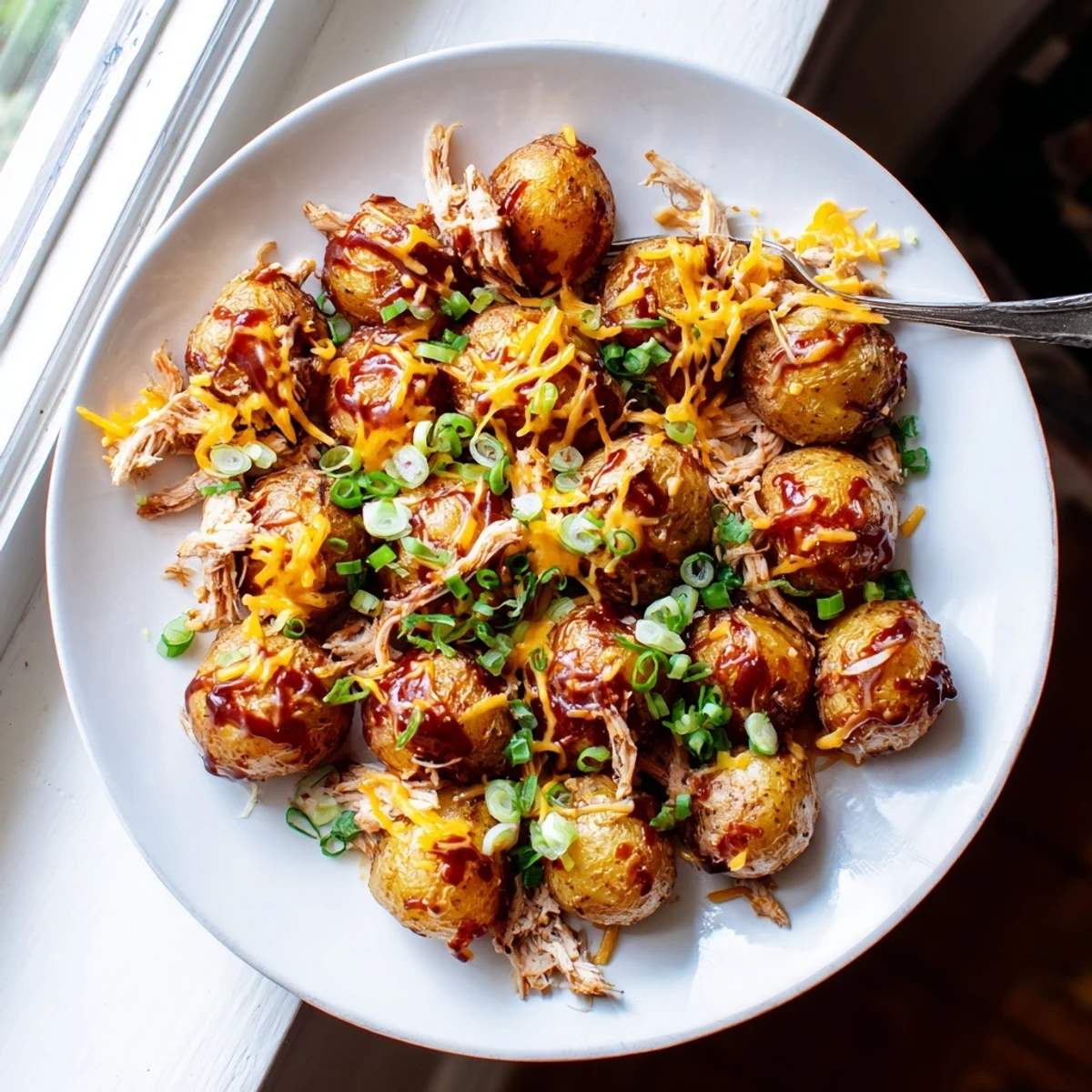 Hearty honey BBQ chicken potatoes served hot with spring onions and gooey cheddar