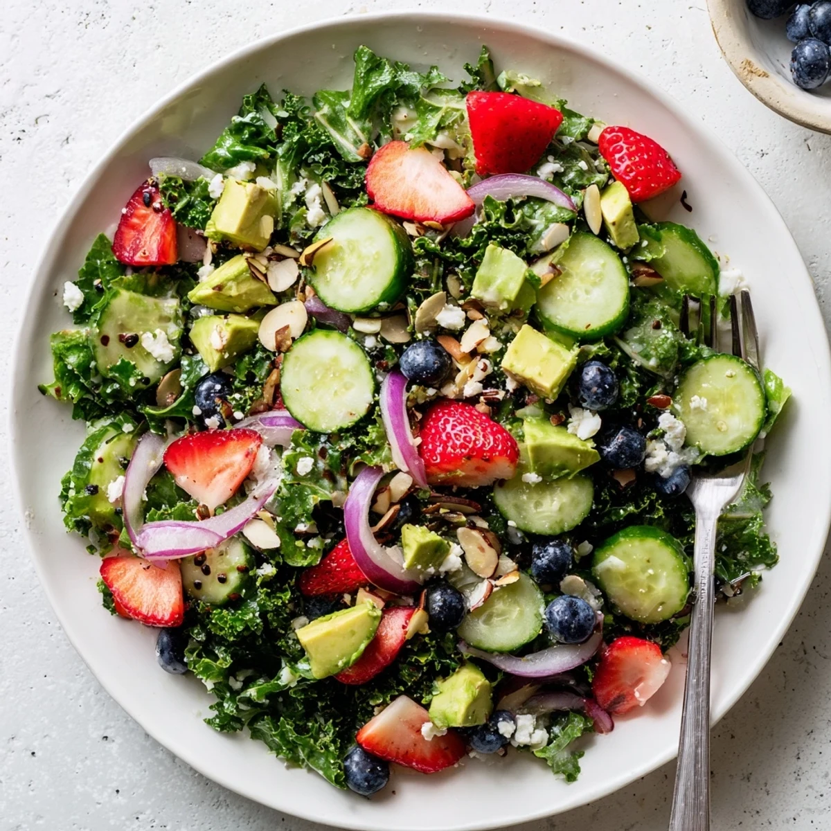 A colorful summer kale salad topped with fresh berries, feta, and toasted almonds in a wide bowl.
