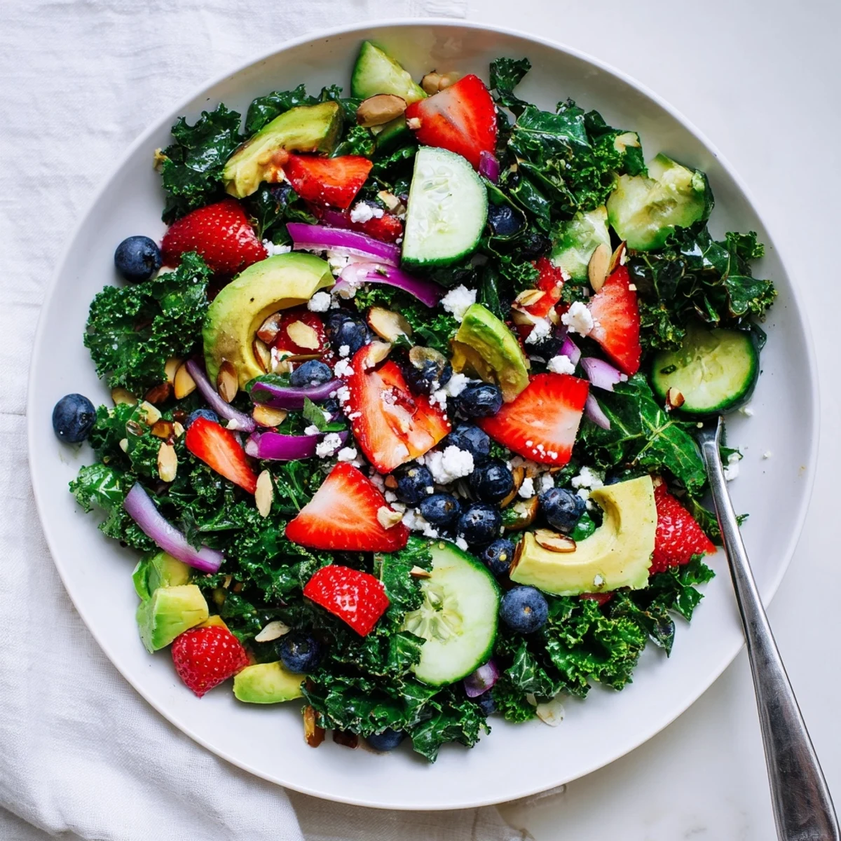 Hearty summer kale salad served on a white plate with cherry tomatoes, crispy almonds, and creamy feta.