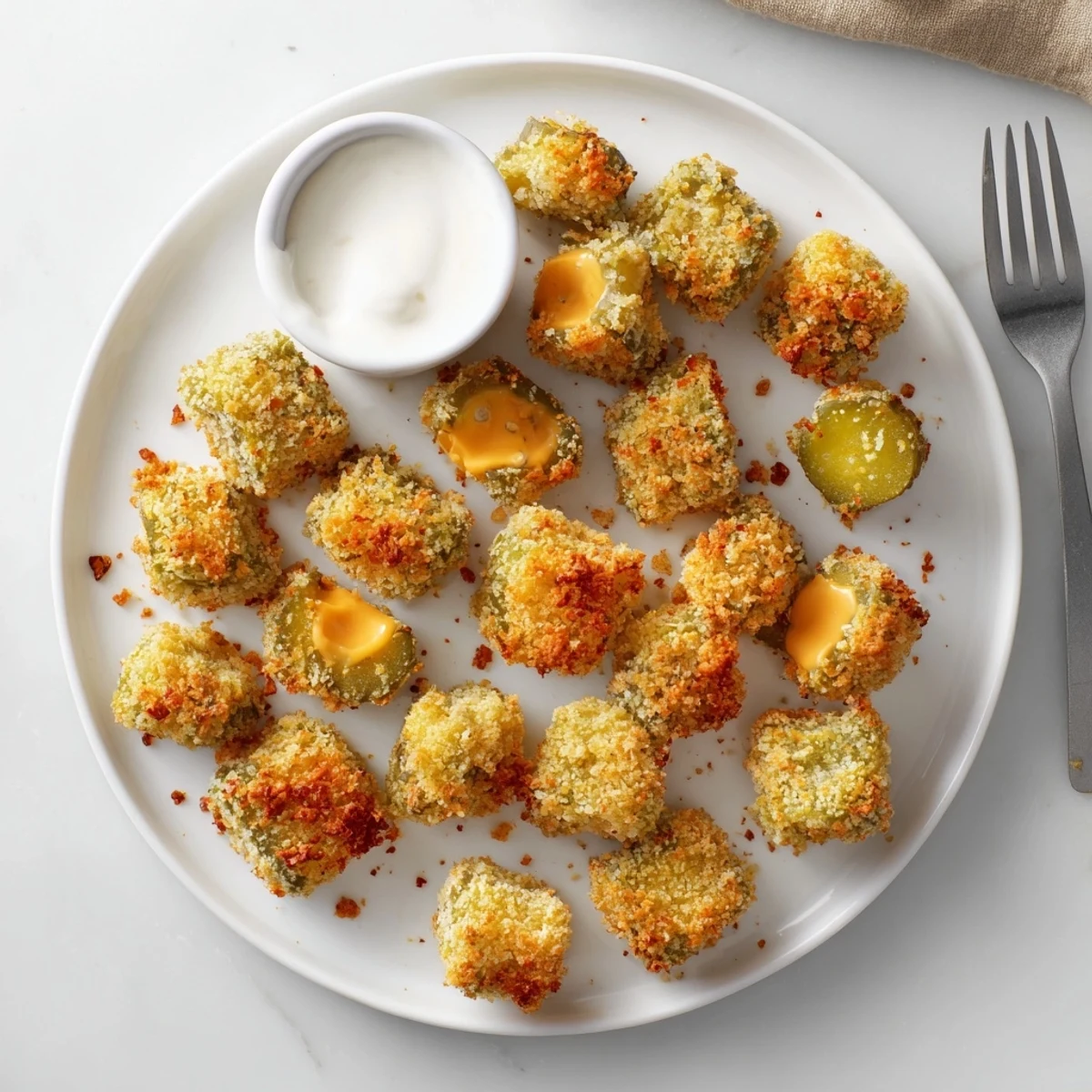 Golden crispy pickle cheese bites served warm with ranch dipping sauce