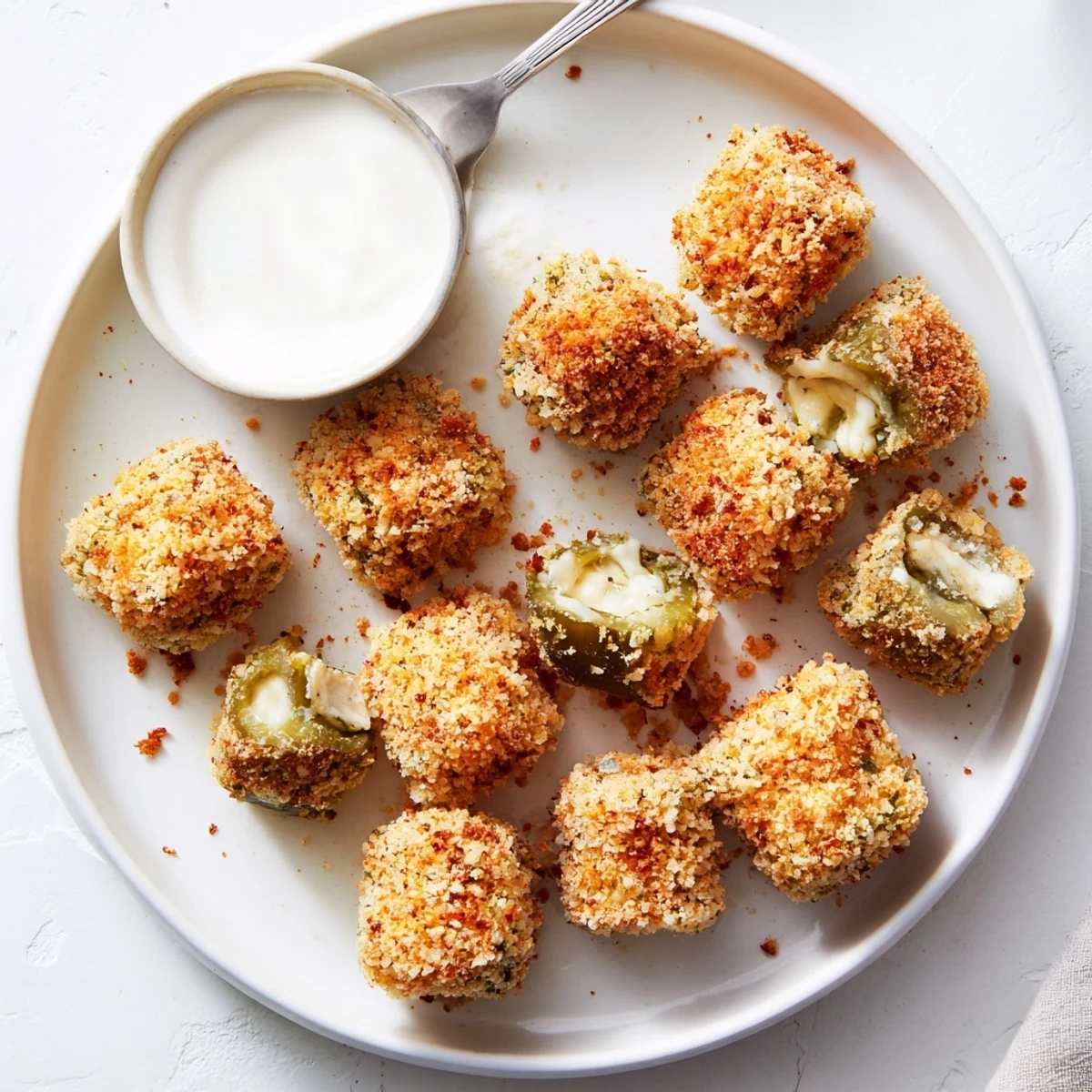 Pan-fried crispy pickle cheese bites with a crunchy panko crust and tangy dill flavor