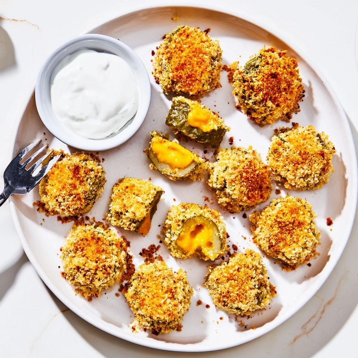 Crispy pickle cheese bites stacked on a plate with gooey melted cheddar centers
