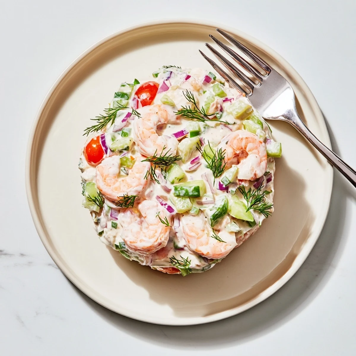 Chilled shrimp salad recipe with pink shrimp, crisp celery, and zesty lemon dressing