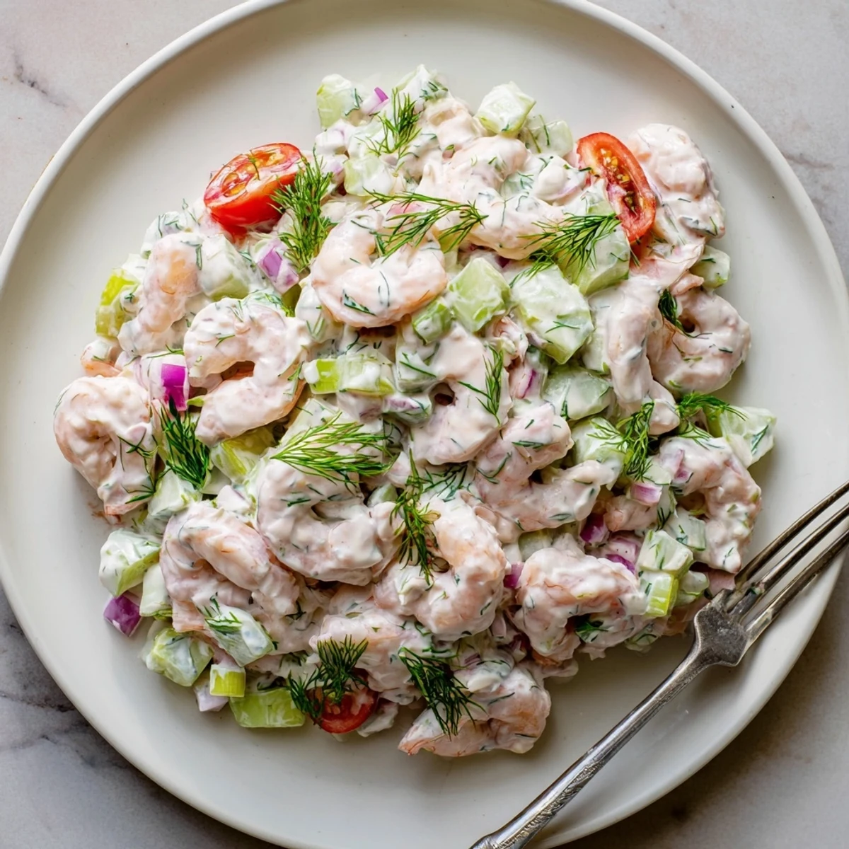 Creamy shrimp salad recipe in a bowl with diced cucumber and red onion