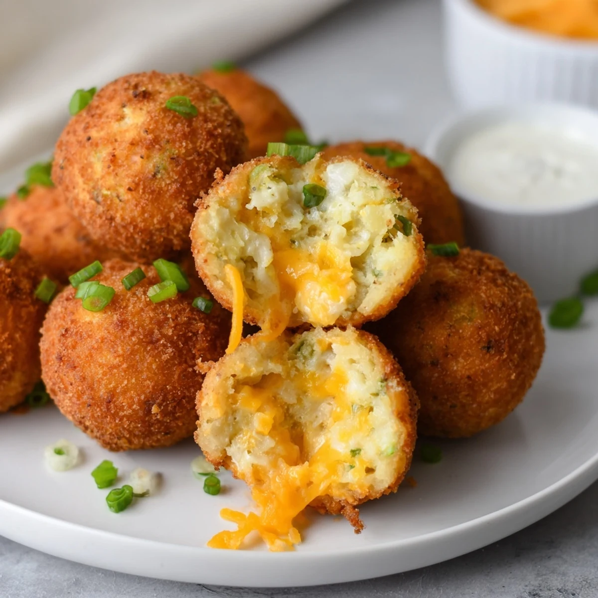 Crispy golden Fried Mashed Potato Balls served hot with ranch dip  